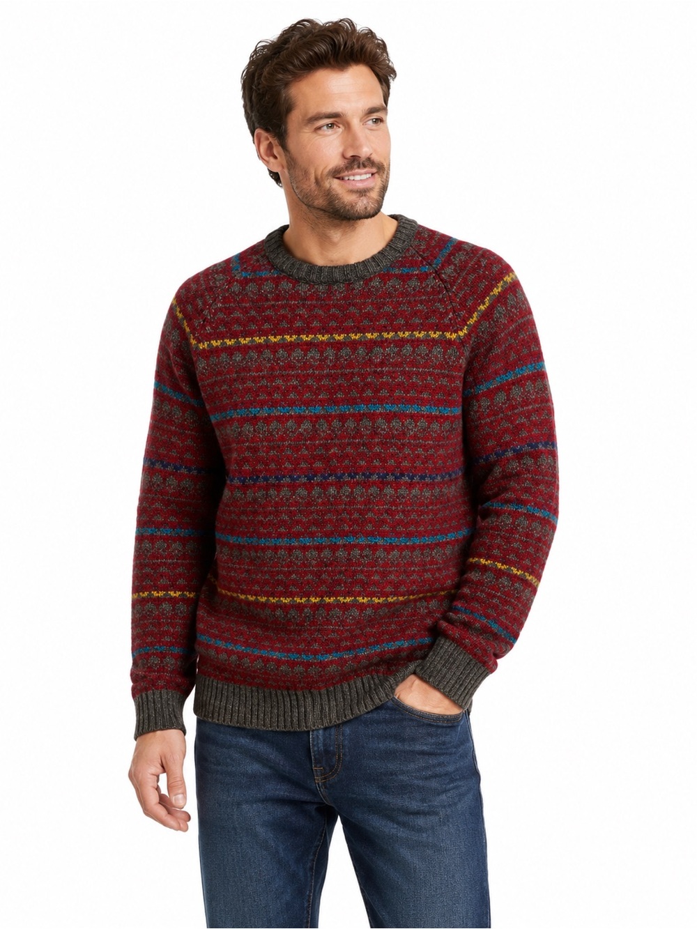 McGregor Maroon Fair Isle Crewneck Sweater with Accent Stripes